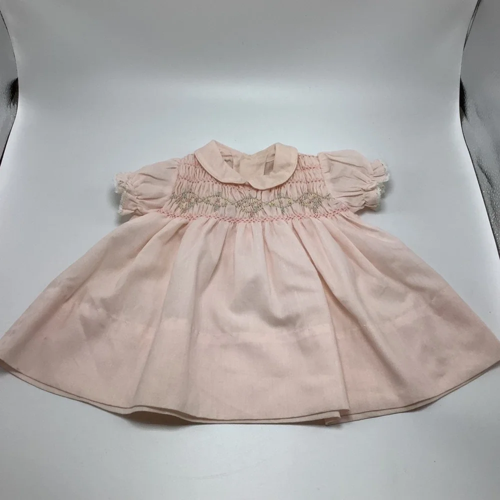 Vintage Newborn Smocked‎ Dresses Lace Trimmed & Embroidered Pink & Yellow